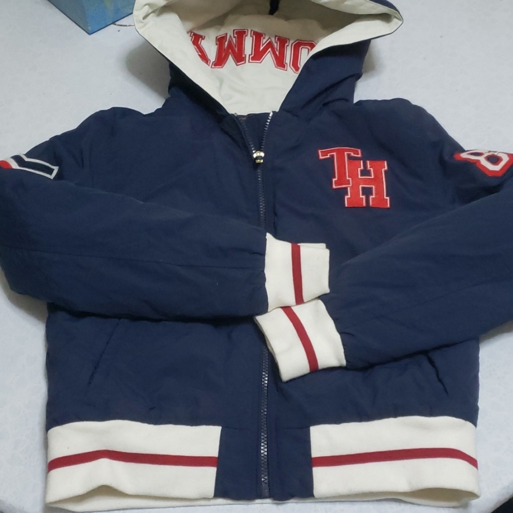 Tommy Hilfiger Navy Blue and White Hooded Jacket with Red Accents